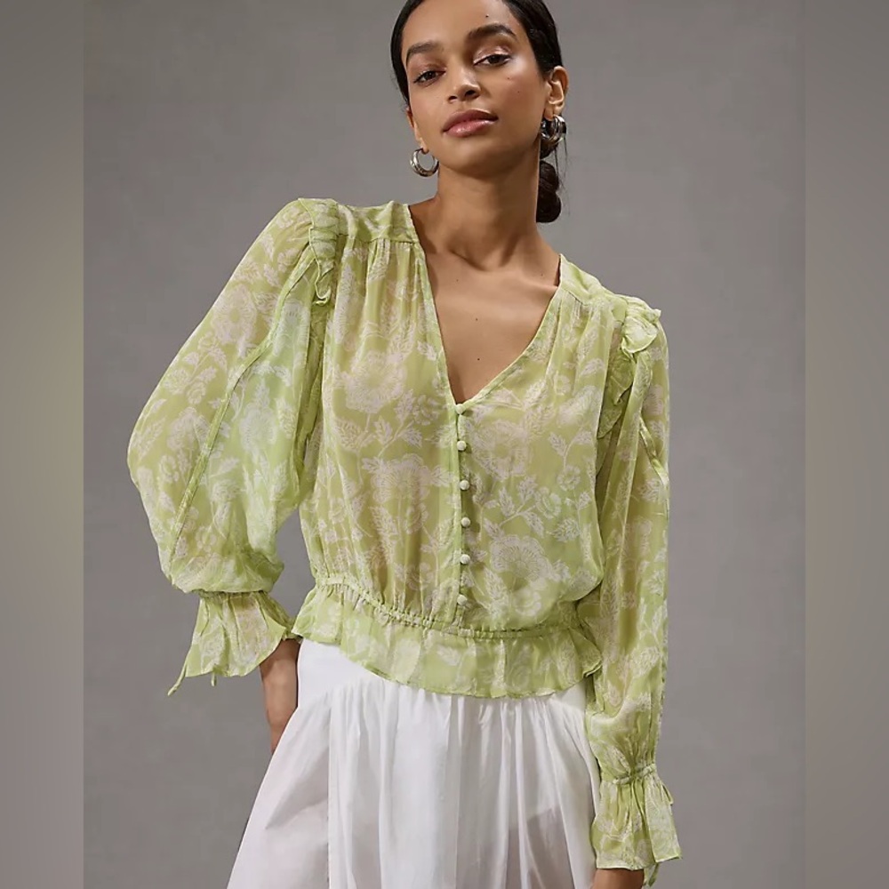 Anthropologie Light Green Floral Blouse